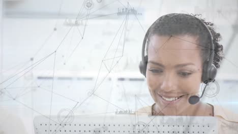 Animation-of-network-of-connections,-statistics-over-businesswoman-using-phone-headsets