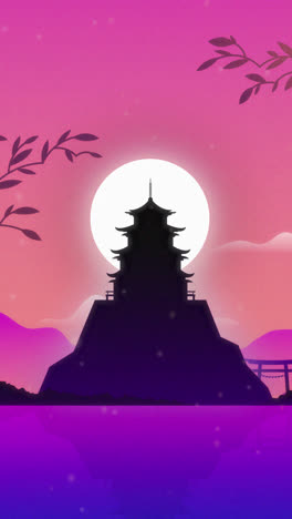 motion graphic of japanese temple on a hill