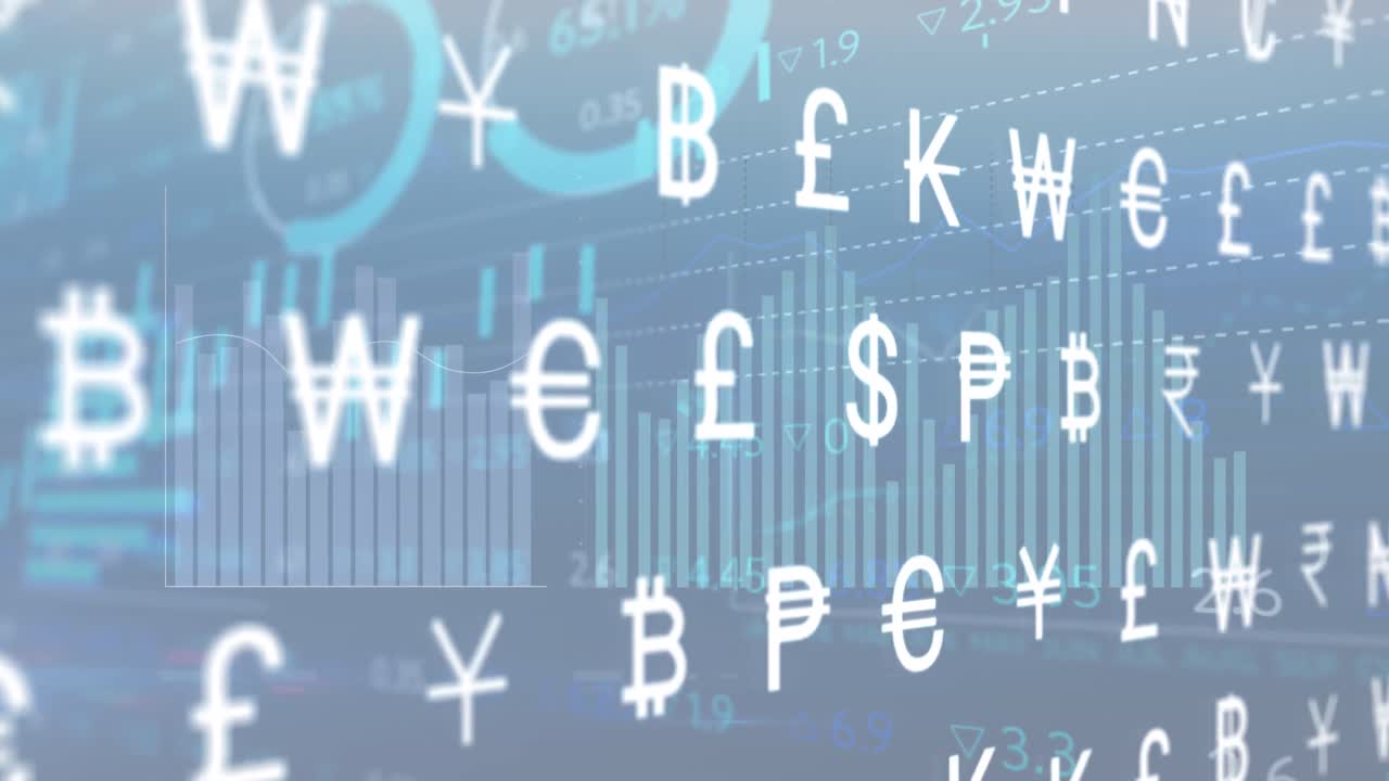 파란색 배경에 여러 그래프와 거래 보드를 가진 통화 기호의 애니메이션