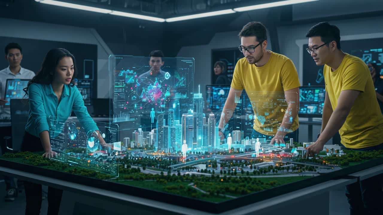 Innovative Team Collaborates Over a 3D Smart City Model with Interactive Technology Display in a High-Tech Workspace Environment