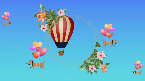 Animation-Eines-Blumenbanners-Mit-Kopierraum-über-An-Luftballons-Gebundenen-Hunden-Auf-Blauem-Hintergrund