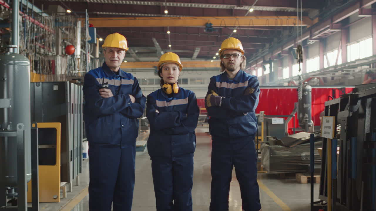 Factory Workers In Coveralls Posing For Camera