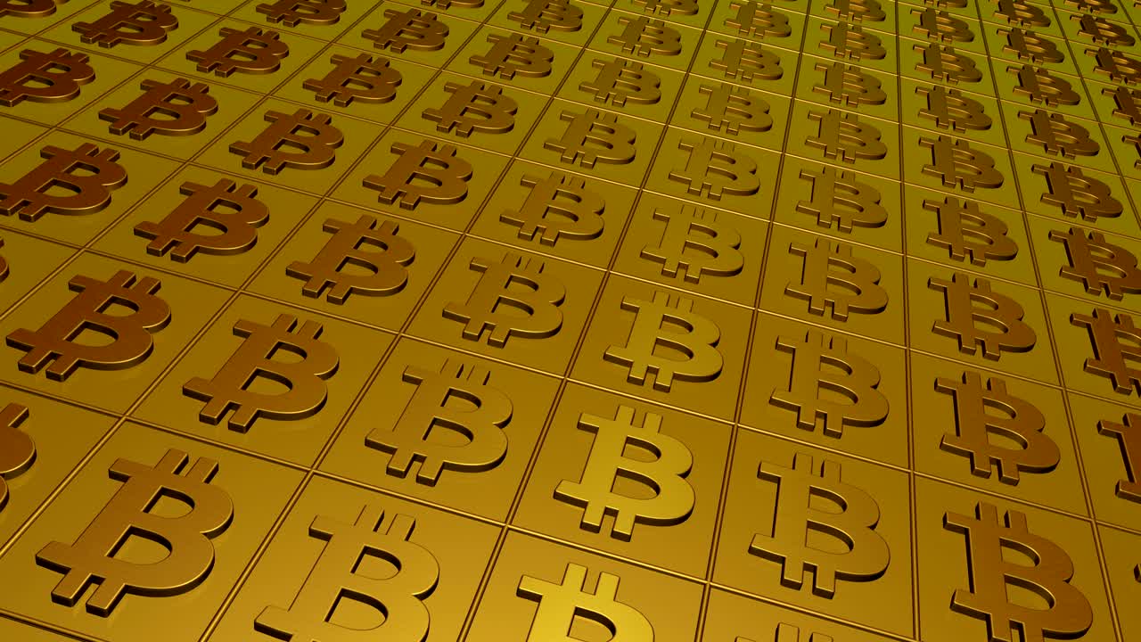 Bitcoin signs gold background. Seamless loop.