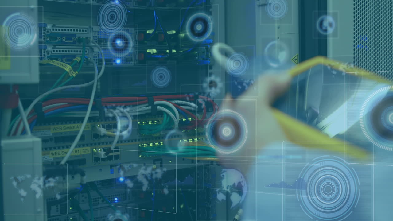 Animation of scopes scanning and data processing on screens over man checking computer server
