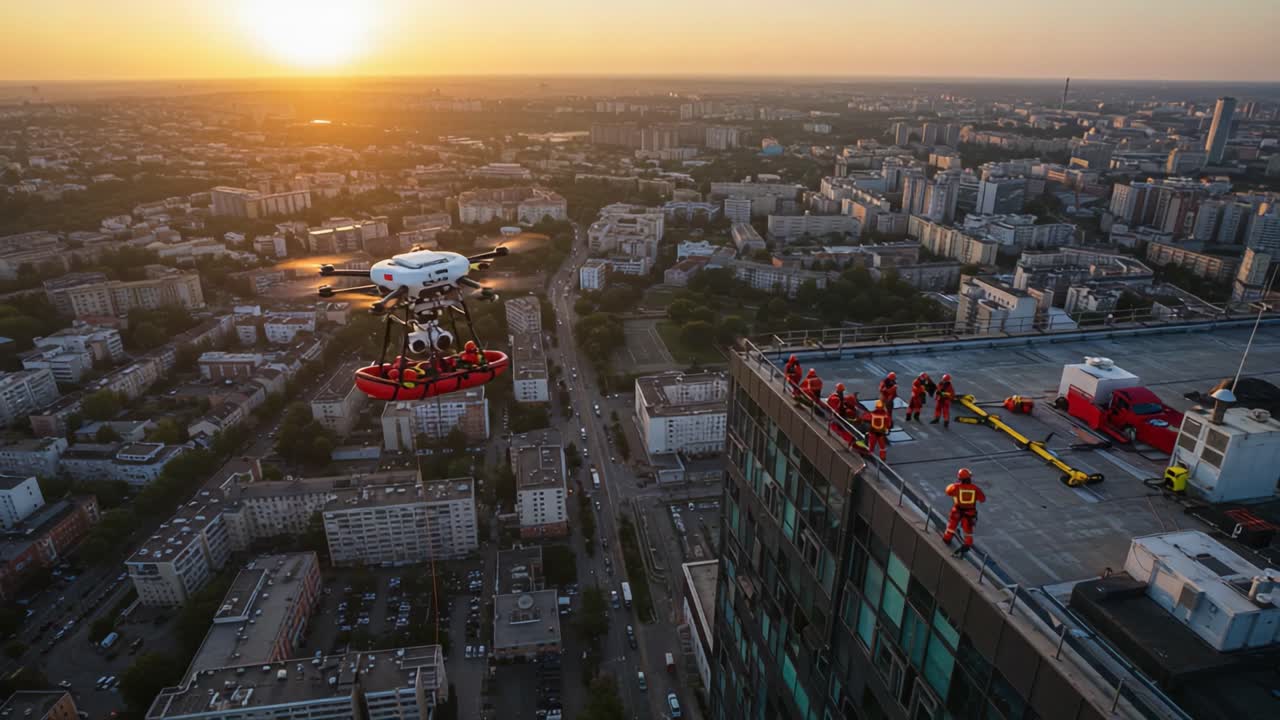 Aerial Rescue Operation: Drone-Assisted Lifesaving Mission Above Urban Landscape During Sunset with Emergency Responders Ready for Action