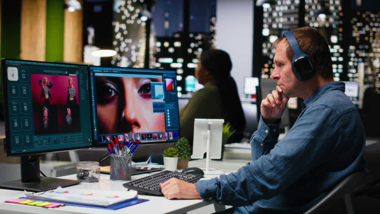 Male graphic designer using AI powered content for image retouching