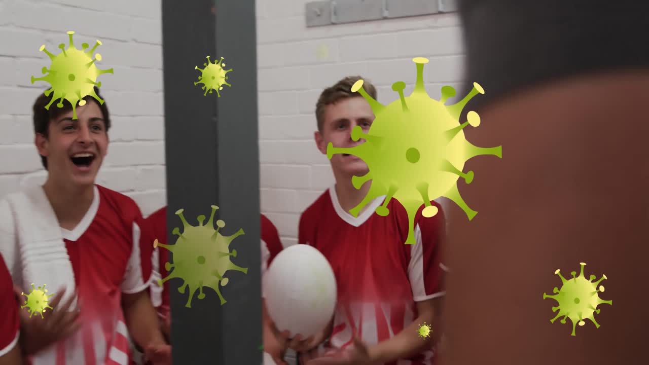 유니폼실에서 다양한 럭비 선수들을 대상으로 바이러스 세포의 애니메이션