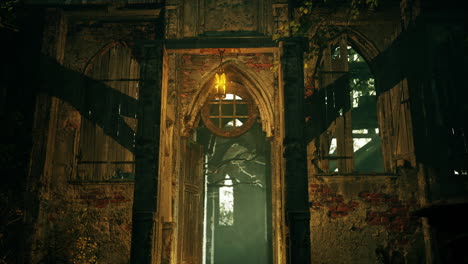 iglesia en ruinas con una linterna