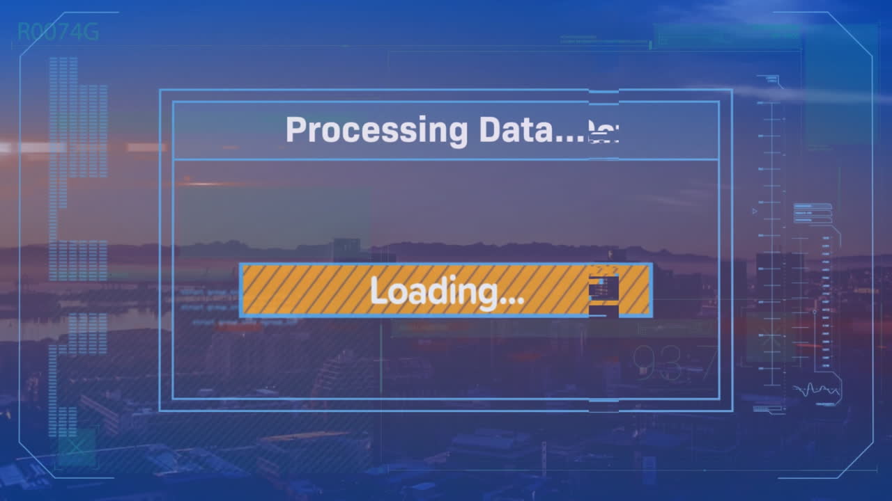 Animation of data processing and text over cityscape