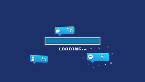 animación de iconos de redes sociales y texto sobre fondo azul