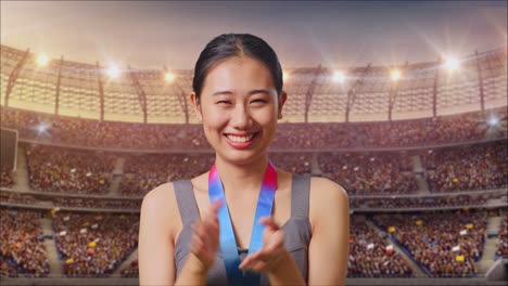 Woman Athlete Celebrating Victory in a Stadium