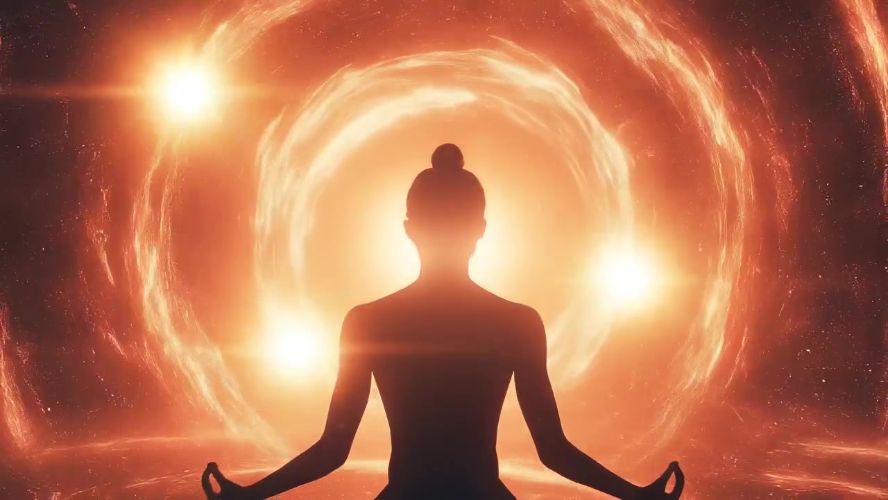 Silhouette di una persona che medita davanti a un portale energetico luminoso