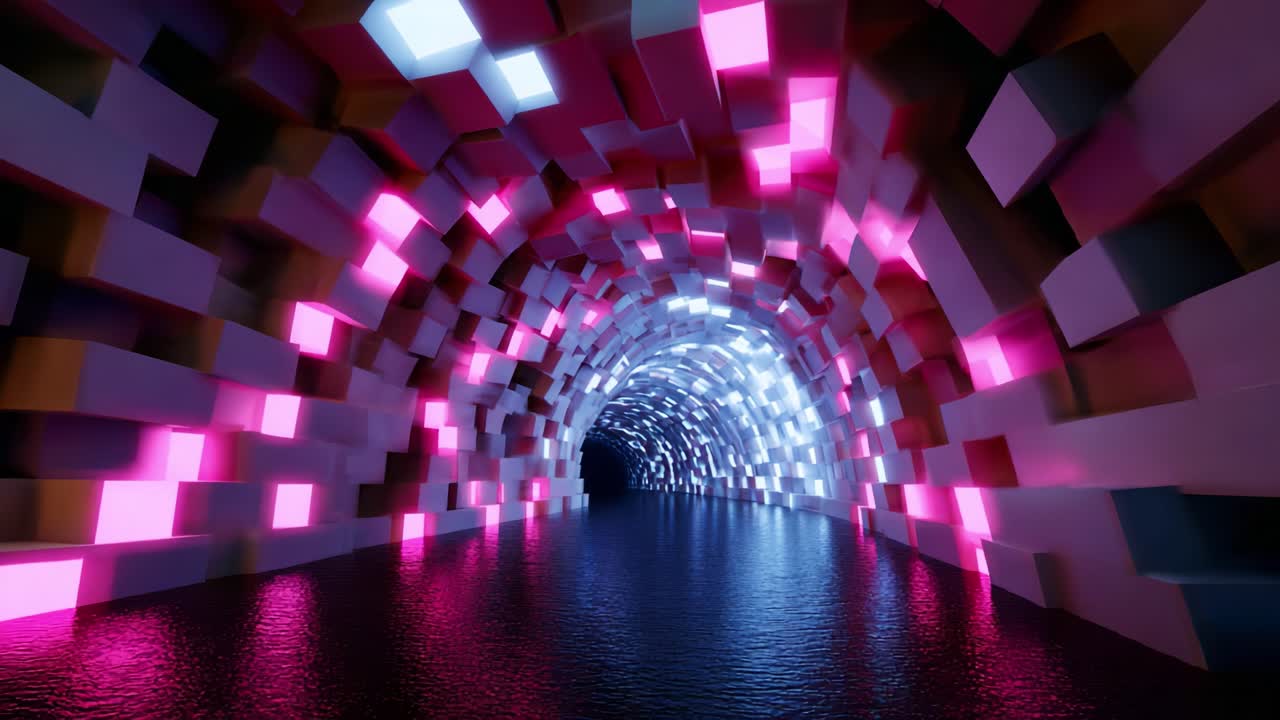 A Captivating Journey Through a Colorful Abstract Tunnel of Light and Reflection Featuring Vibrant Blocks and a Glowing Surface Inviting Exploration and Imagination in a Dynamic Space