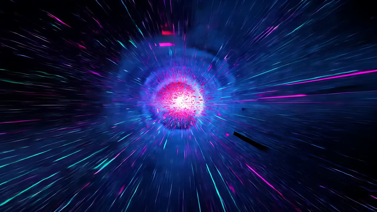 Pulsing energy orb emitting neon particles and intensifying light streak tunnel through starfield