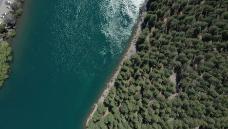 aerial - limay river in valle encantado, patagonia, neuquen, argentina, top down