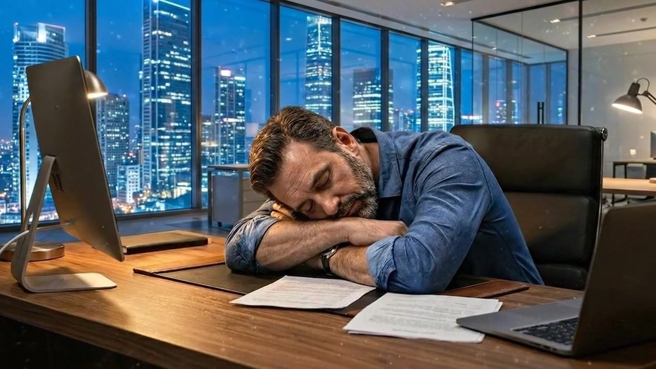 Professionista d'affari esausto che dorme alla scrivania dell'ufficio dopo lunghe ore di lavoro