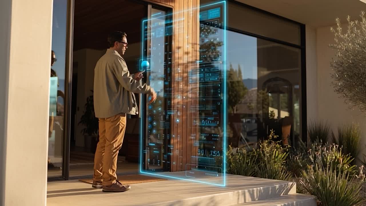 Uomo con display olografico futuristico all'ingresso di casa