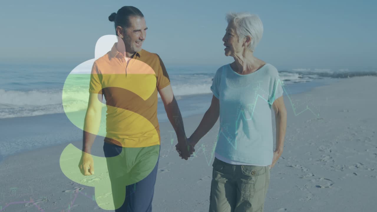 Animación de signo de dólar americano y procesamiento de datos financieros sobre una pareja en la playa