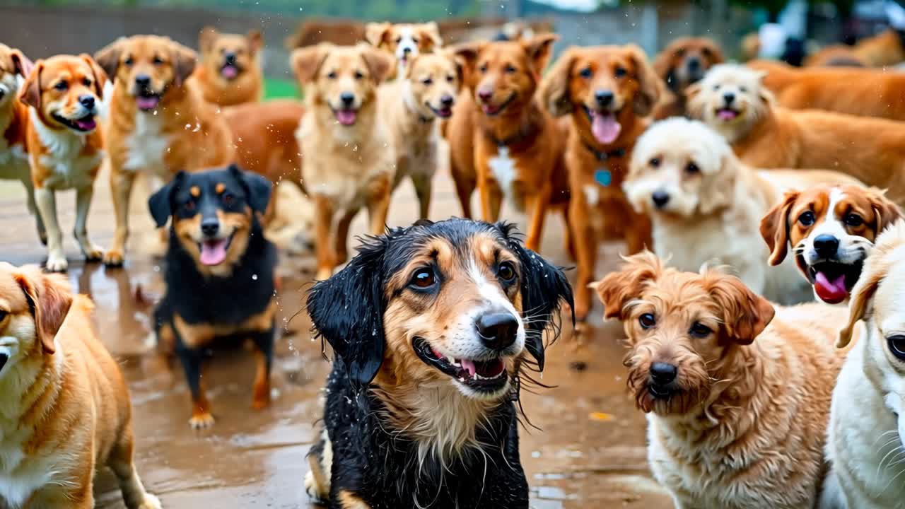 물의 웅이에 서 있는 개 그룹