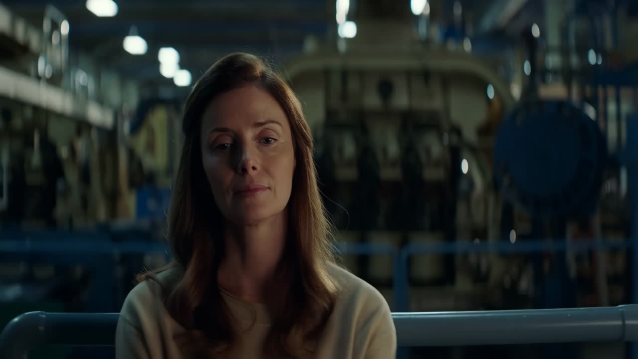 A woman's reflective moments in an industrial setting