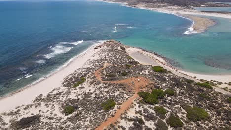 drone aerial over the beach and lagoon lookout in the town of kalbarri australia