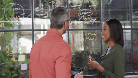 happy diverse male and female colleague using tablet brainstorming on glass wall, slow motion