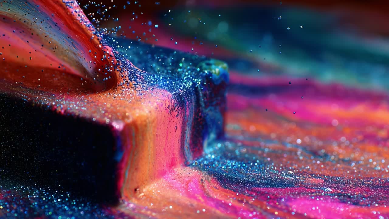 Vibrant Splashes of Color and Glitter: The Dynamic Flow of Pigments Captured in a Close-Up Shot Showcasing the Artistic Essence of Colorful Media and Sprinkles