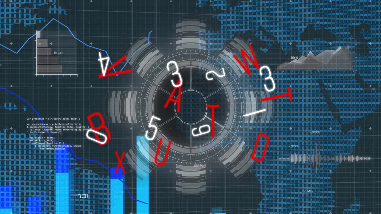 세계 지도에 대한 범위 스캔과 데이터 처리 애니메이션