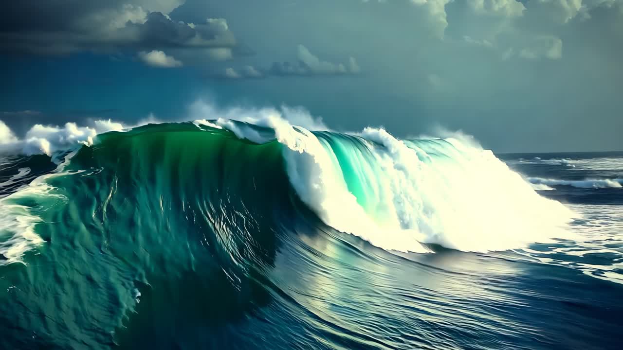 Dramatic video-style capture of a massive ocean wave, viewed from a low angle, showcasing the power