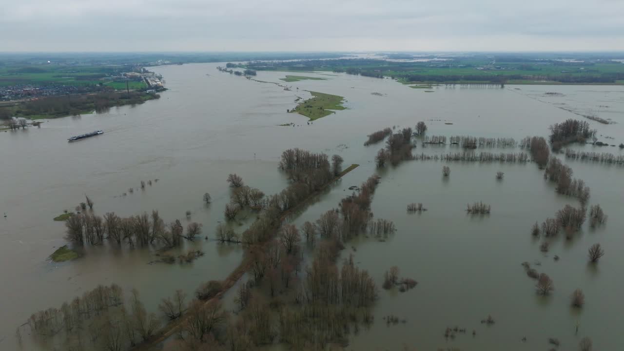 Drone view of floodwaters around the River Waal at Gorinchem, Netherlands
