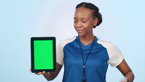 Sports-woman,-tablet-and-green-screen-with-thumbs