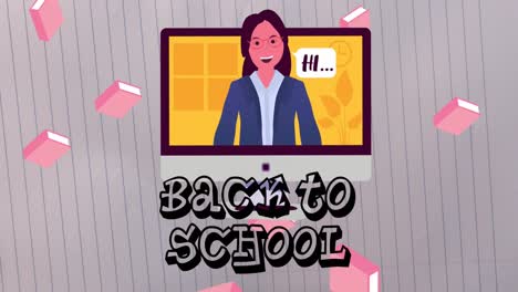 Animation-of-back-to-school-text,-teacher-on-screen-and-pink-book-icons-on-grey-background