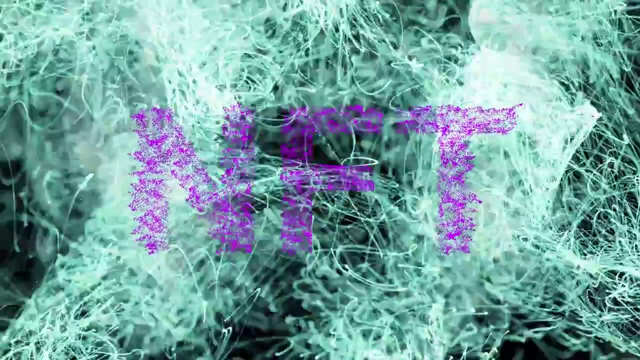 Animatie van de tekst 'nft' over gloeiende blauwe lichten op een donkere achtergrond.