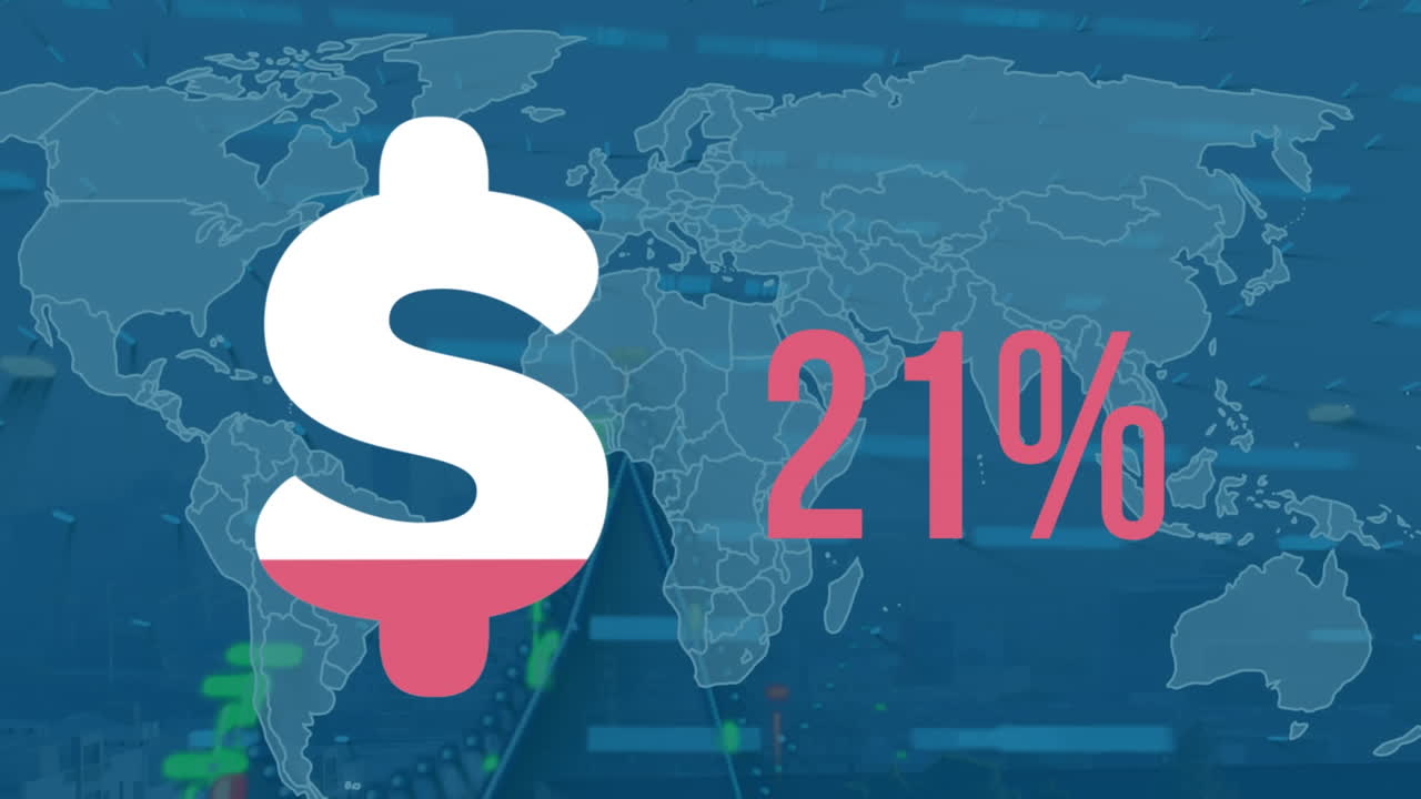 세계 지도와 데이터 처리에 따라 증가하는 퍼센트와 함께 달러 기호의 애니메이션