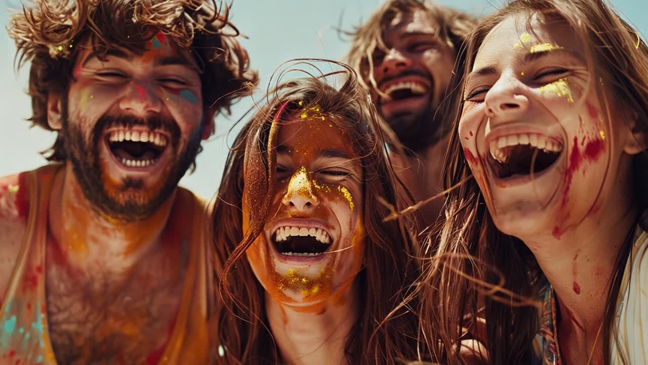 Friends celebrating Holi festival with colorful powder and laughter
