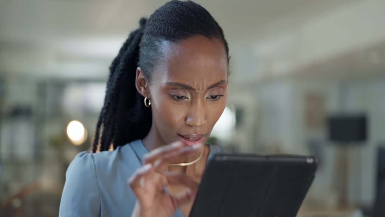 Confused, black woman and tablet in office