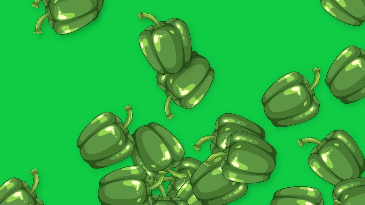 Peperoni verdi stilizzati cadono verticalmente attraverso l'inquadratura su uno sfondo verde vibrante