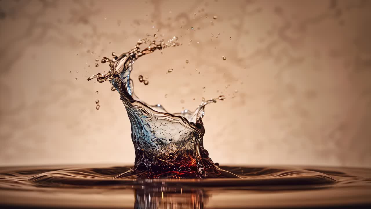 Impacting single drop forming arching splash in amber-lit pool on table, with droplets and ripples