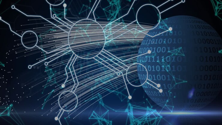 Animation of network of connections and binary coding processing on globe