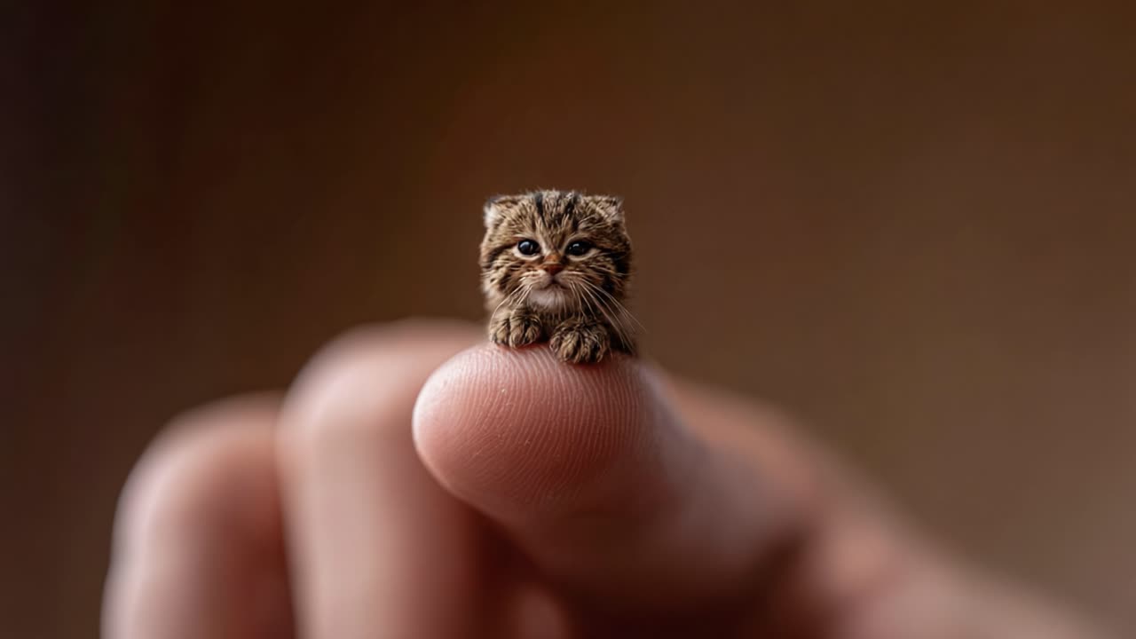A tiny feline friend perched delicately on a fingertip, showcasing the extraordinary charm of miniature pets and their expressive features in a whimsical setting