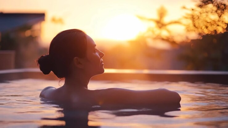 Femme se détendant dans un jacuzzi au coucher du soleil pendant l'heure dorée