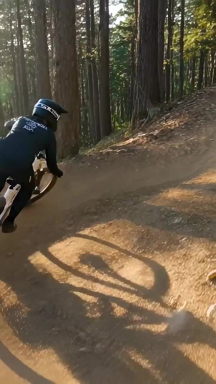 Vídeo vertical: Entrando na berma, ciclista de capacete deslizando na trilha para manter a velocidade, saindo e pedalando.