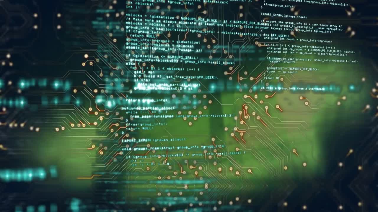 Animation of data processing and microprocessor connections against green background