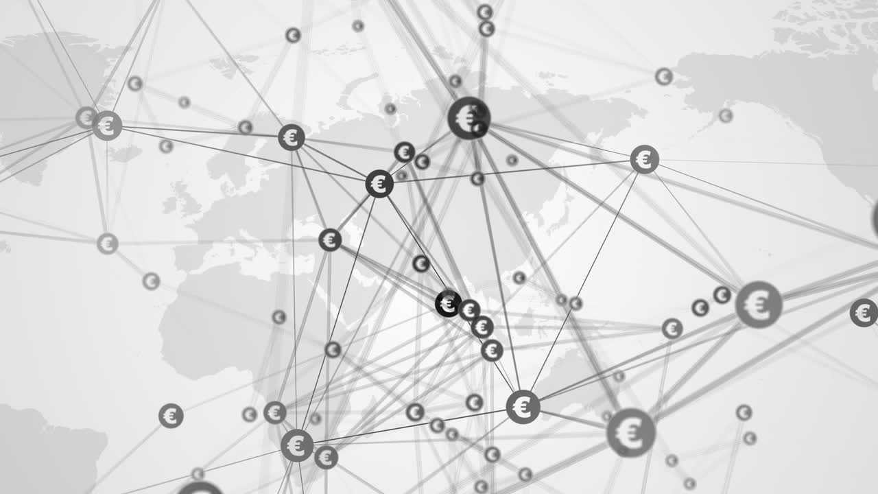 The symbols of the European currency Euro are connected by numerous rotating lines on white background of world map. Looped blurred 3D animation.