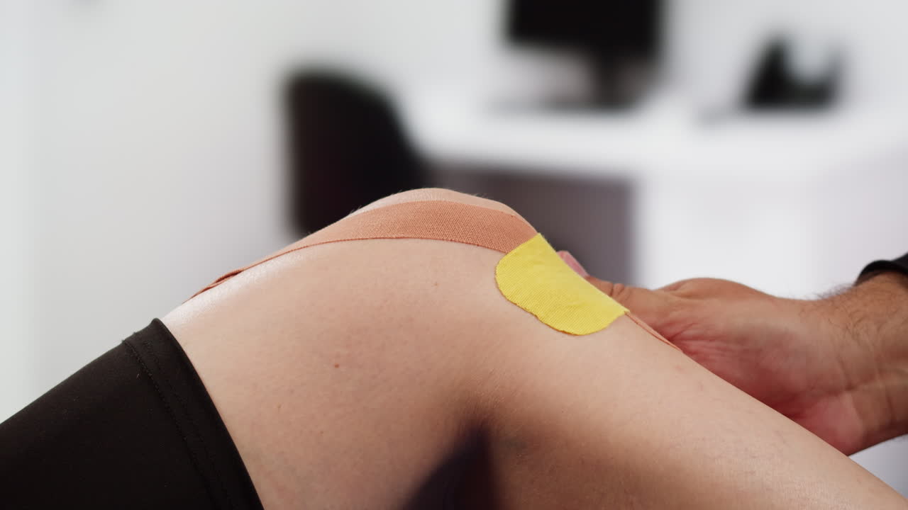 Kinesiology medical taping, doctor Physical therapist applying elastic surgical tape to patient body, treating injured knee young athlete.Post traumatic rehabilitation, sport physical therapy recovery