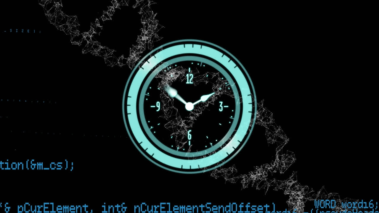 Animation of neon ticking clock, data processing and spinning dna structure against black background
