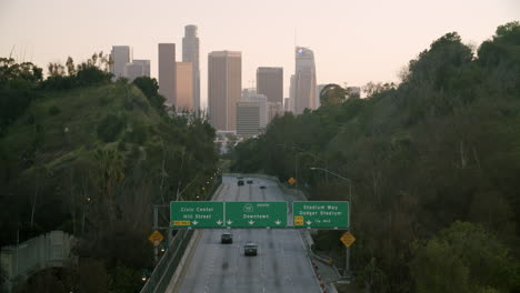 downtown los angeles skyline and 110 freeway