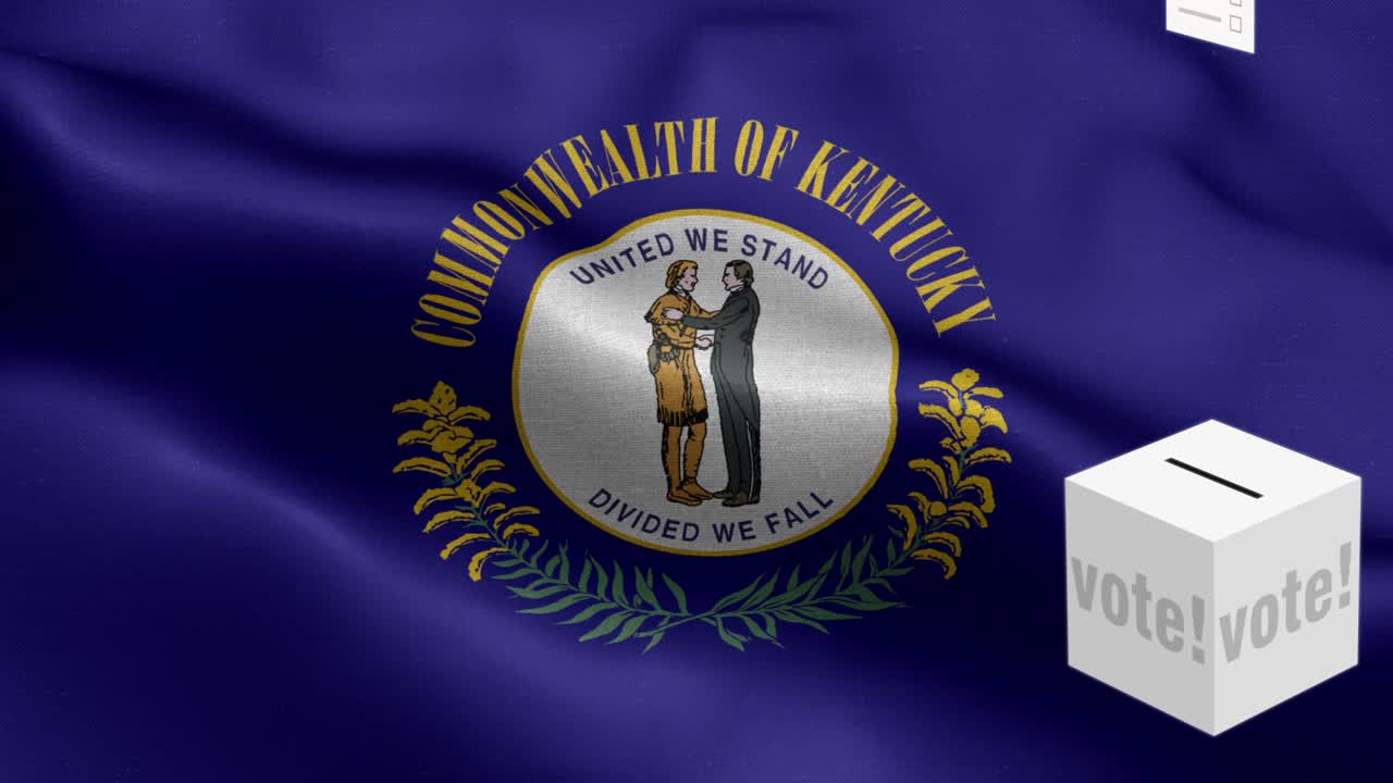 Stato del Kentucky - Le schede volano nell'urna per le elezioni del Kentucky - Urna elettorale davanti alla bandiera - Elezione - Voto - Elementi ripetibili con motivo a onde della bandiera nazionale dello Stato del Kentucky - Trama in tessuto e ciclo continuo - Bandiera del Kentucky in loop