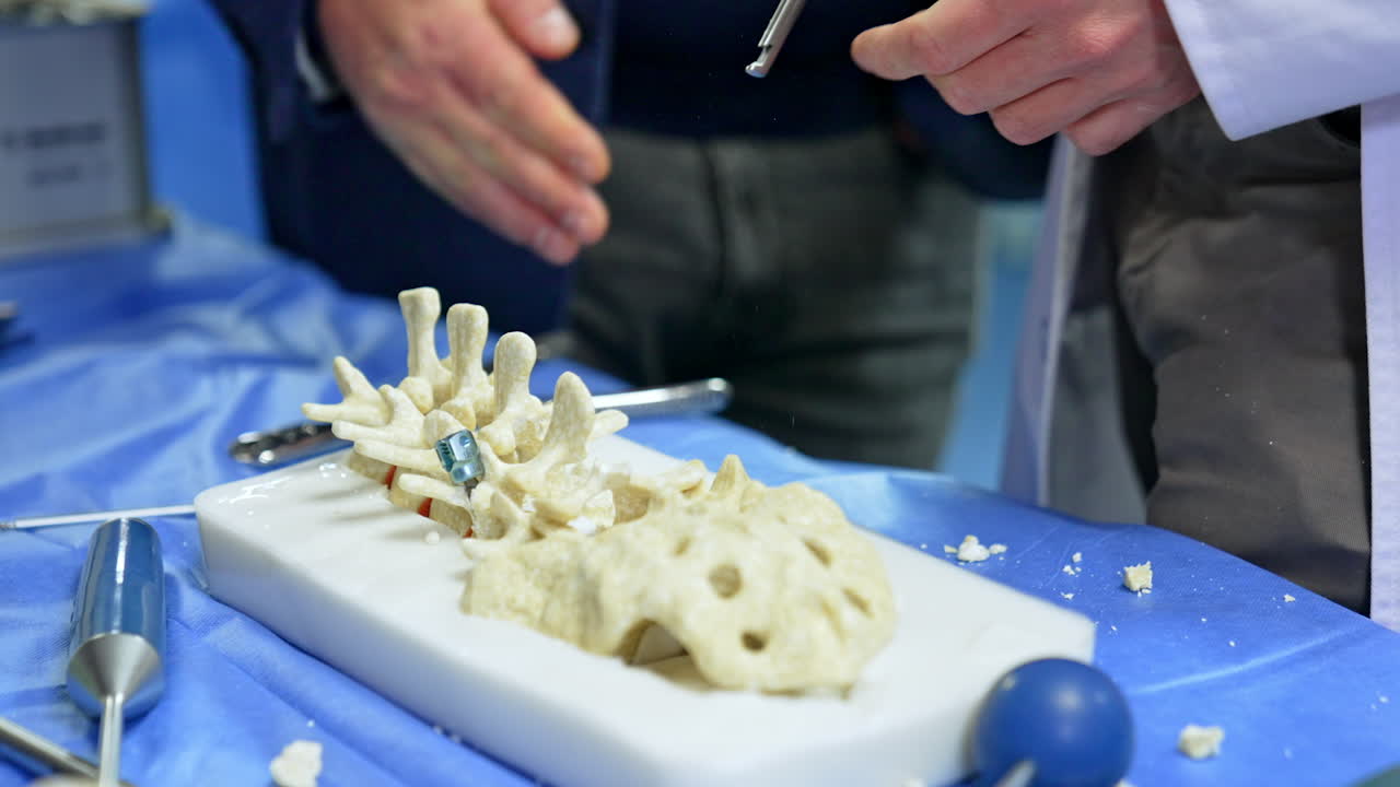 Unrecognized man wearing white coat points at artificial spine and takes metal instrument. Educator demonstrates tools usage at neurosurgery. Close up.