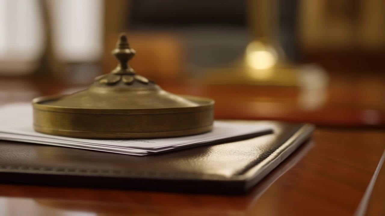 Un campanello da hotel in una hall o area reception di hotel professionale e neutra, con una scrivania in legno e una lampada, visto da un'angolazione ravvicinata leggermente elevata con toni marroni e dorati